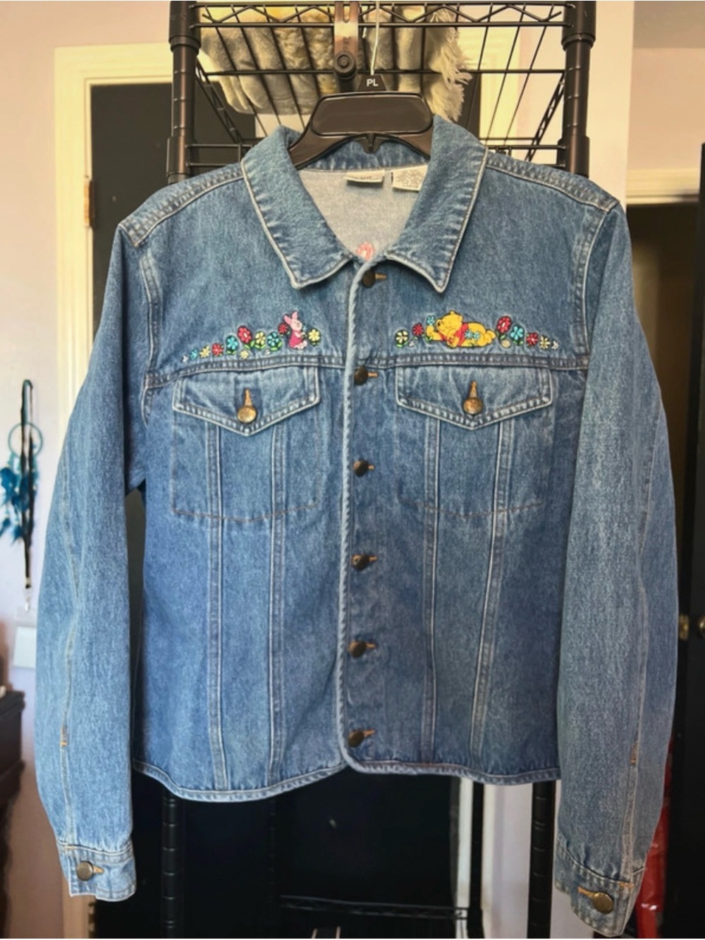 Disney Embroidered Light Blue Denim Jacket with Multicolor Floral Trim